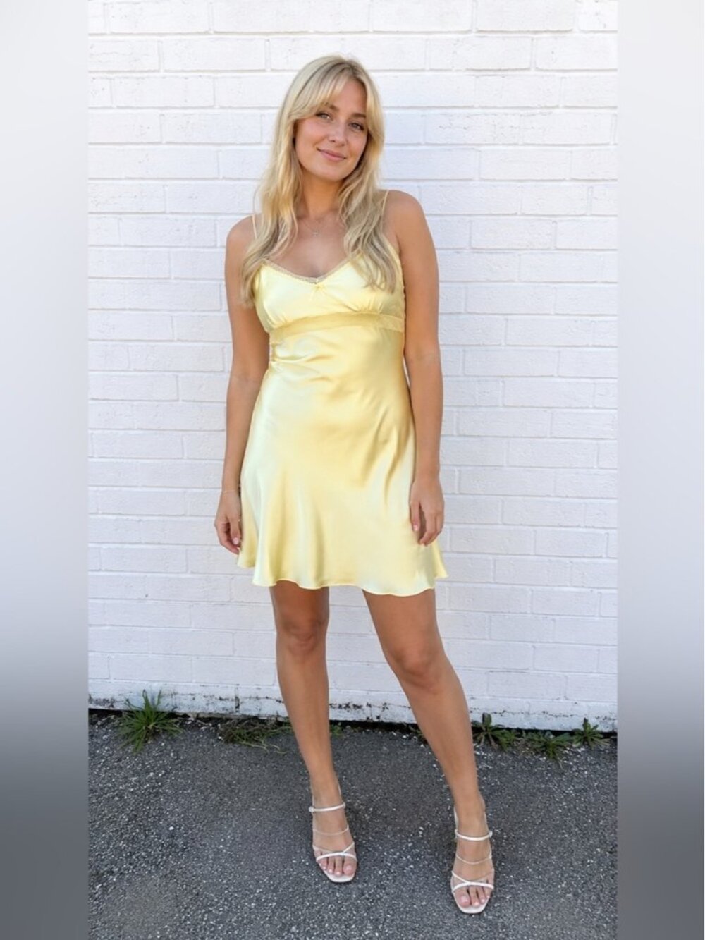 Y2K Yellow Satin Slip Dress Lace Lingerie Mini Babydoll 2000s Size Large femme